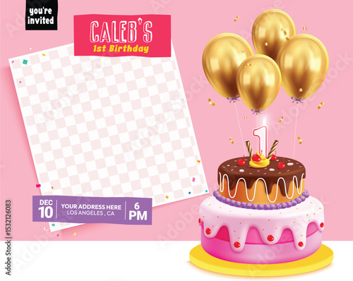 Birthday invitation card clipart template. First birthday invitation card clip art with editable frame space, balloons and yummy delicious cake party elements in pink background vector illustration.  