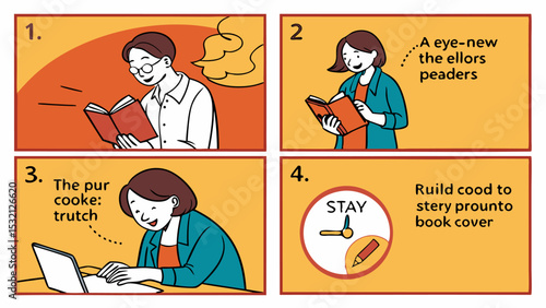 Four panel comic strip showing a man reading a book a woman reading a book and working on a laptop and clock