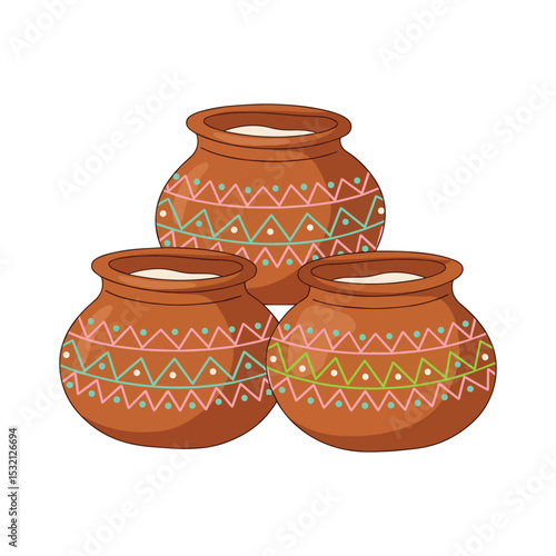 Set of Three Traditional Clay Pots with Colorful Patterns Art & Illustration