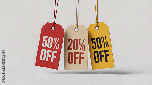 Colorful price tags displaying discount percentages against a clean white background for sales