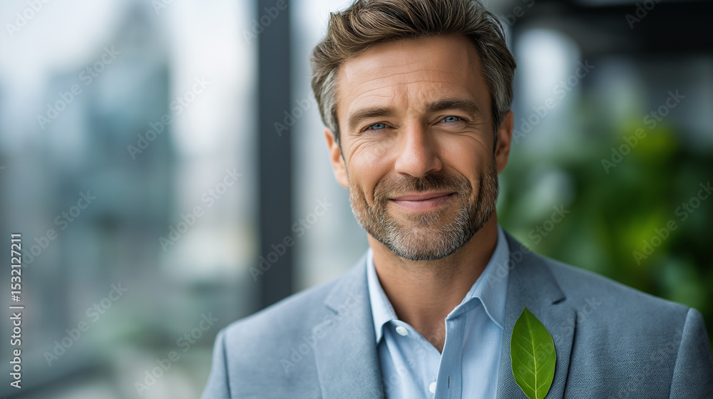 Businessman in Modern Office with Green Leaf in Pocket Businessman in Modern Office with Green Leaf in Pocket