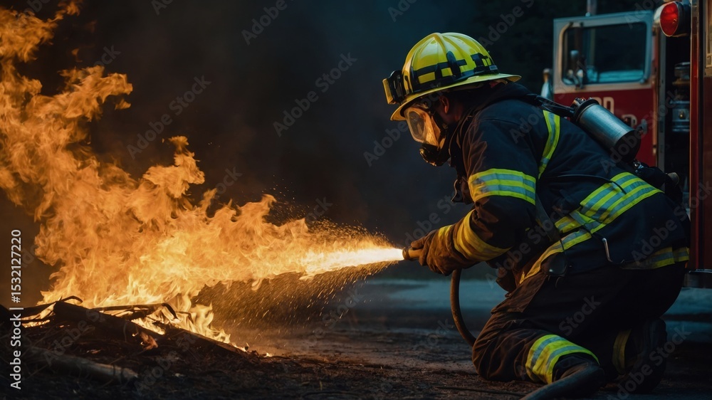 Obraz premium Firefighter kneeling with extinguisher putting out a fire at night near an engine