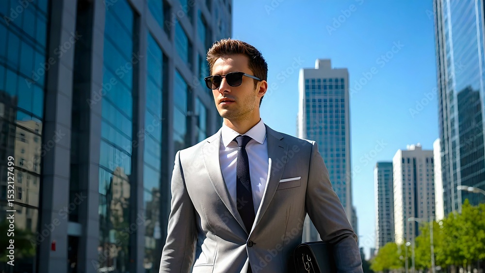 Confident businessman strides purposefully through the financial district on a bright sunny day Confident businessman strides purposefully through the financial district on a bright sunny day