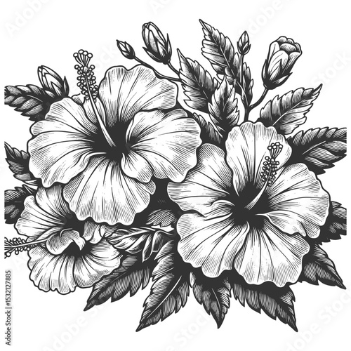 hibiscus flowers and leaves sketch engraving generative ai fictional character vector illustration. Scratch board imitation. Black and white image.