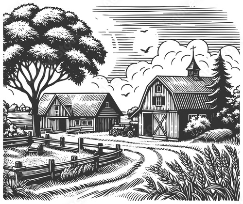 countryside farm with barn, tractor, fencing, trees, and wheat fields sketch engraving generative ai vector illustration. Scratch board imitation. Black and white image.