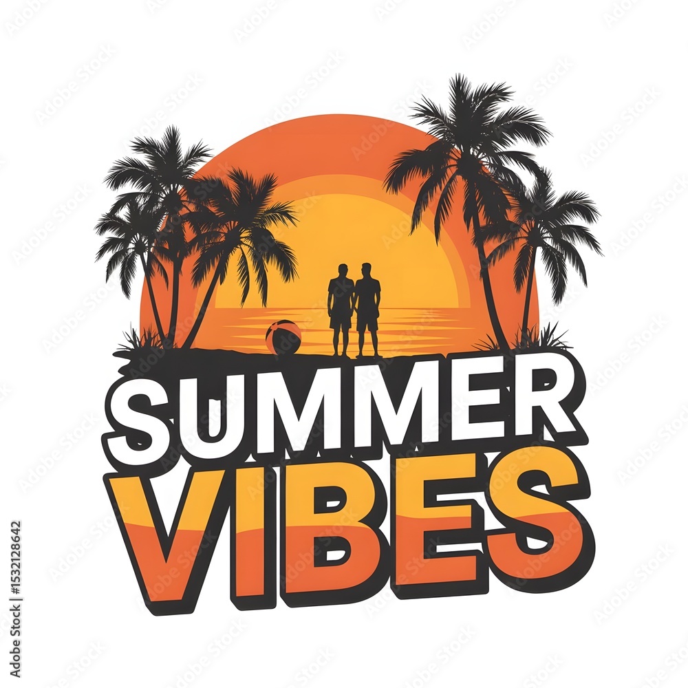 Naklejka premium Vibrant Summer Vibes Illustration with Palm Trees Sunset Couple Silhouette and Beach Ball for Tropical Holiday Design