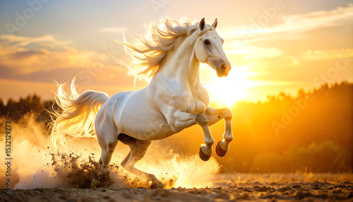 A majestic white horse gallops through a sandy landscape, illuminated by a warm sunset, creating a stunning display of movement and light