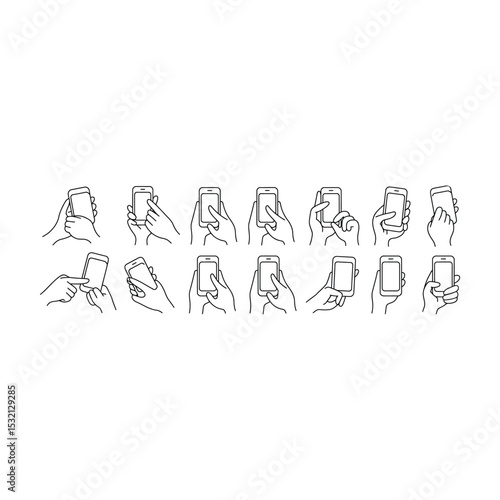 Line art illustrations of various hand gestures holding and interacting with smartphones