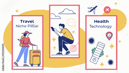 Illustration showing travel niche pillar, person using tablet and health technology concept in frames