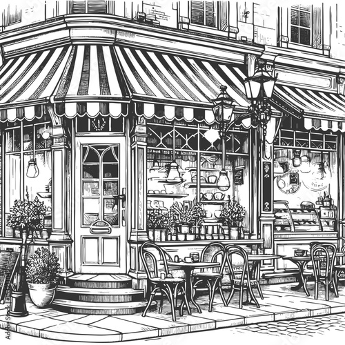 charming outdoor street cafe with tables, chairs, awning, and storefront window display sketch engraving generative ai vector illustration. Scratch board imitation. Black and white image.
