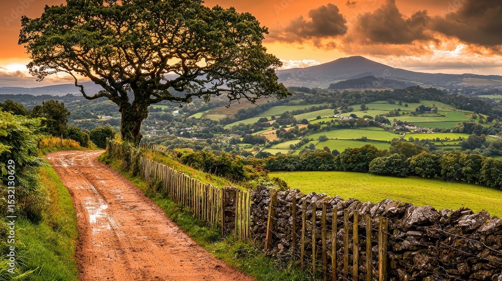 Obraz premium Tree on Hillside with Path and Fence