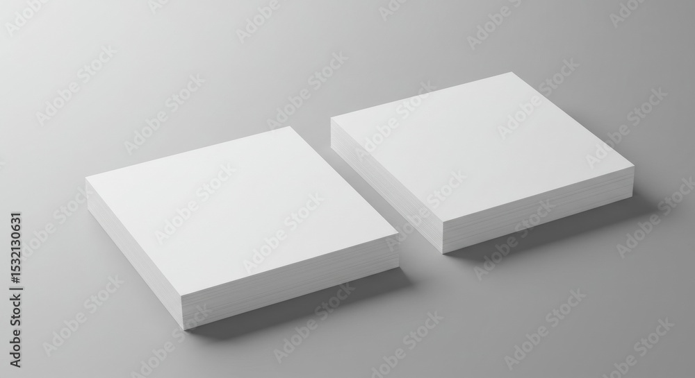 Two stacks of blank square paper on a gray surface. A professional mockup of printing materials for stationery or promotional products. Two stacks of blank square paper on a gray surface. A professional mockup of printing materials for stationery or promotional products.