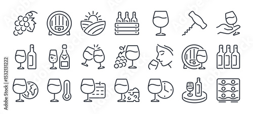 Wine glass, bottle, alcohol, grape, corkscrew, vineyard and barrel editable stroke outline icons set isolated on white background flat vector illustration. Pixel perfect. 64 x 64.