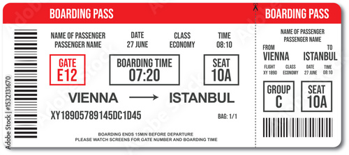 Realistic airline boarding pass template, Flight ticket mockup and editable vector design