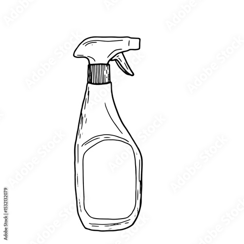 White empty plastic detergent bottle with spray cap for home and office cleaning, sketch in black and white ink. Vector illustration. Transparent plastic spray bottle, insulated on a white background