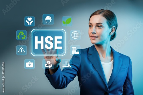 Wallpaper Mural Woman interacting with a holographic interface displaying hse icons. Torontodigital.ca