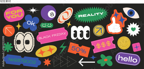 Retro trend Y2K vector illustration, creative geometric shape graphics