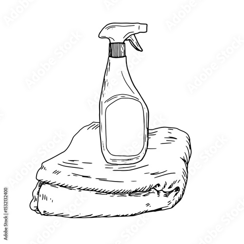 A plastic detergent bottle with a spray cap and a cleaning cloth for home and office, a sketch in black and white ink. Vector illustration. Spray bottle and rag, insulated on a white background