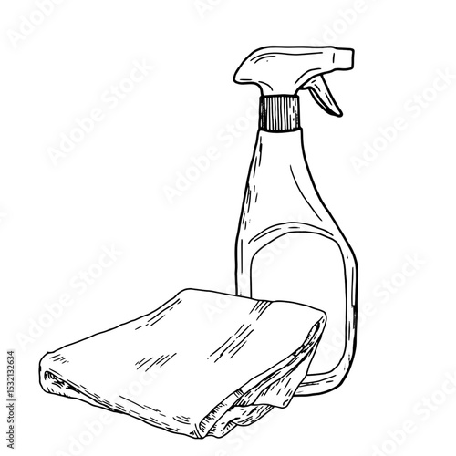 A plastic detergent bottle with a spray cap and a cleaning cloth for home and office, a sketch in black and white ink. Vector illustration. Spray bottle and rag, insulated on a white background