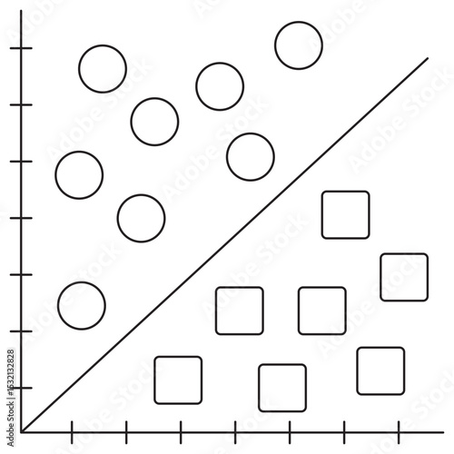 Support Vector Machines (SVM) icon. Vector pictogram with thin black lines on transparent background. Editable stroke width. Scatter plot with shapes separated by a diagonal line