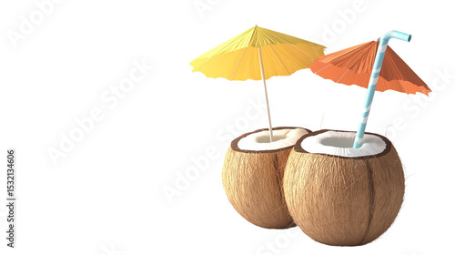 Wallpaper Mural 3D coconut drink with umbrella and straw, summer refreshment theme, white background, PNG Torontodigital.ca