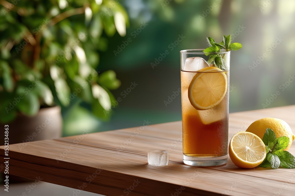 Fototapeta premium Refreshing citrus beverage with lemon slices and mint leaves in a tall glass on a wooden surface