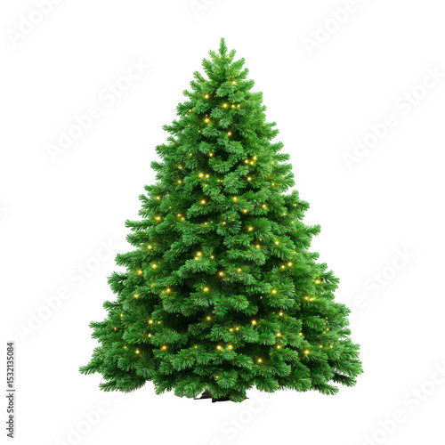Festive green Christmas tree decorated with warm yellow lights isolated on a transparent background