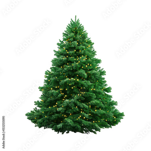 Decorated green Christmas tree with yellow lights isolated on a transparent background