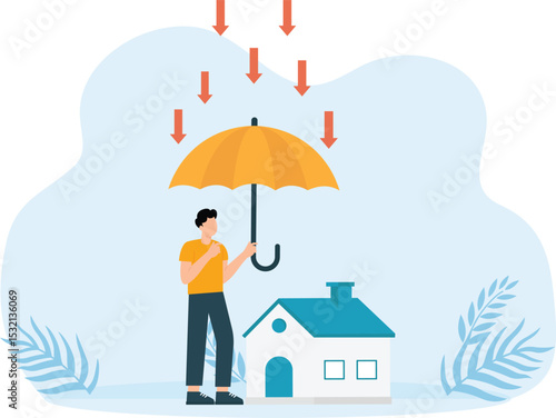 Umbrellas and real estate and stock market falls concept

