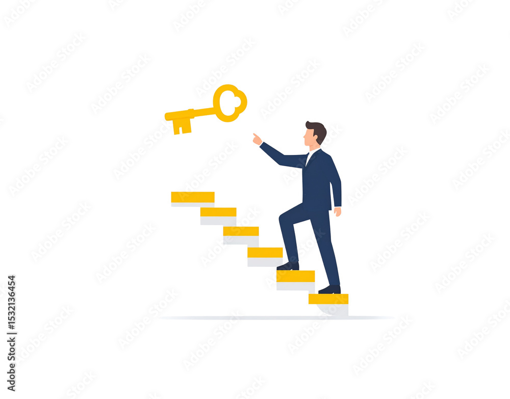 Businessman Climbing Stairs Reaching for Golden Key to Success Illustration (1) Businessman Climbing Stairs Reaching for Golden Key to Success Illustration (1)