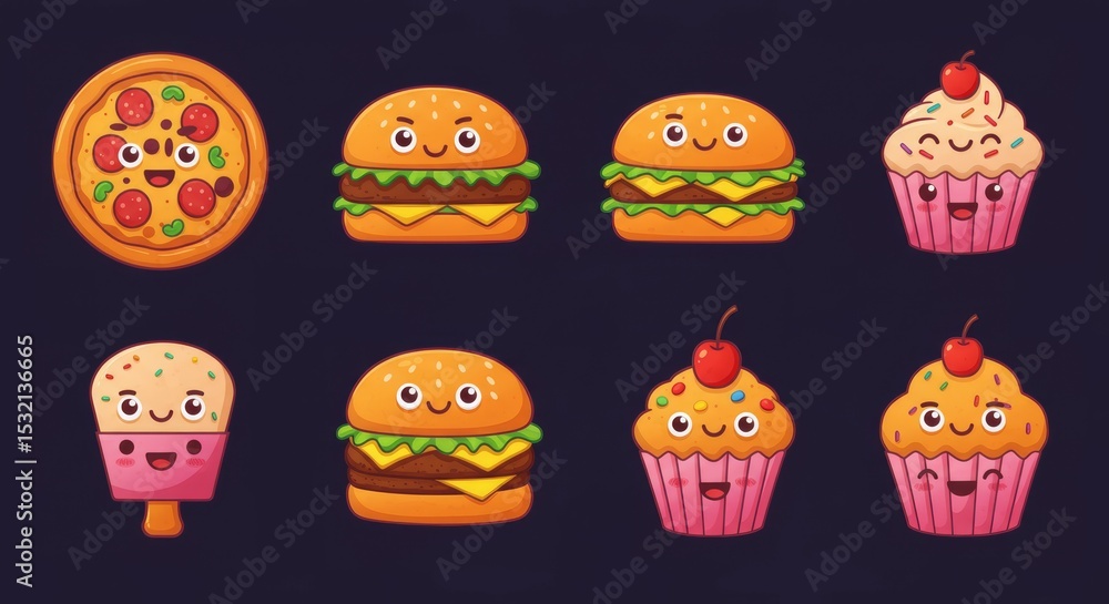fast food and dessert characters with happy faces. Includes pizza, burgers, cupcakes, drinks, fries, and a donut fast food and dessert characters with happy faces. Includes pizza, burgers, cupcakes, drinks, fries, and a donut