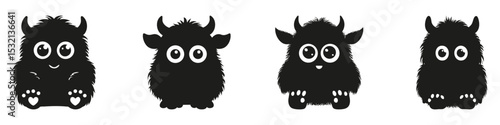 Cute Monster Silhouette Icon Set. Children Content And Halloween Decoration Collection. Isolated Vector Illustration
