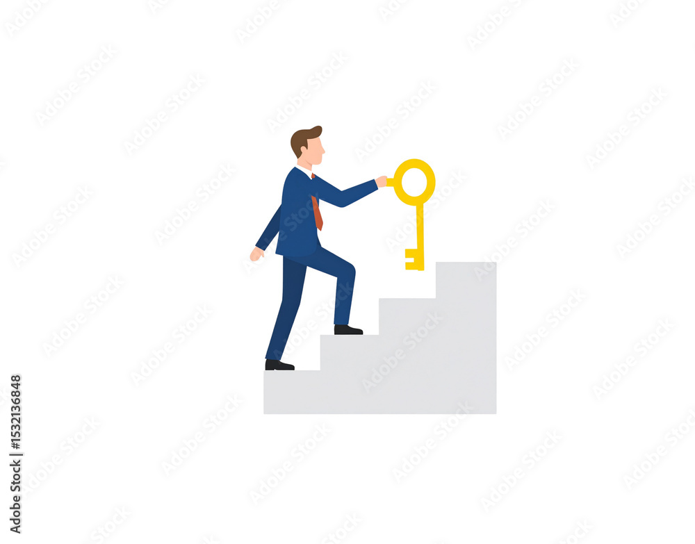 Businessman Climbing Stairs with Golden Key Success and Achievement Concept Businessman Climbing Stairs with Golden Key Success and Achievement Concept