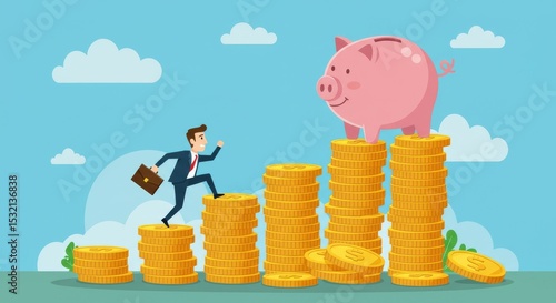 Flat illustration of a businessman climbing coin stacks towards a piggy bank. Represents saving, investment, financial growth, and success.