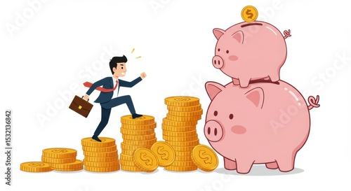 Flat illustration of a businessman climbing coin stacks towards a piggy bank. Represents saving, investment, financial growth, and success.