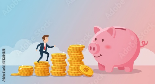 Flat illustration of a businessman climbing coin stacks towards a piggy bank. Represents saving, investment, financial growth, and success.