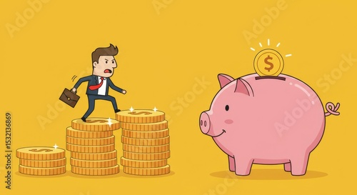 Flat illustration of a businessman climbing coin stacks towards a piggy bank. Represents saving, investment, financial growth, and success.