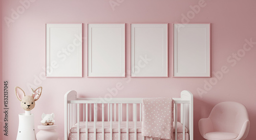 Pink nursery with empty frames; Stylish baby furniture and accessories in a feminine room setting. Childcare professional designing a modern nursery design. Interior design studio.