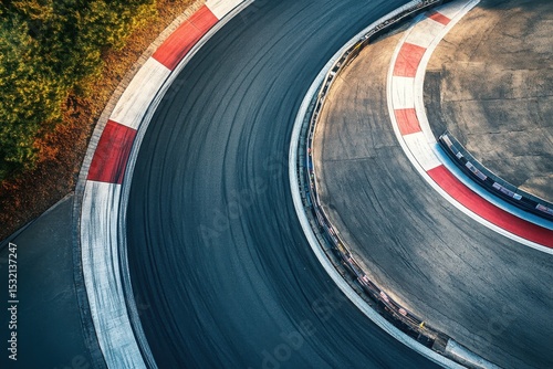 Aerial view of race track corner with tire marks and green landscape