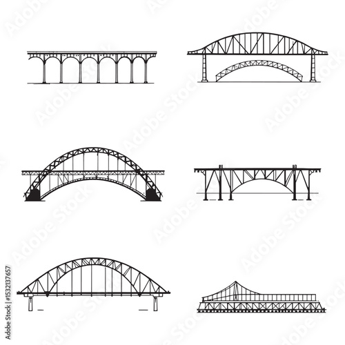 Scenic architectural bridge sketch in clean linear vector style