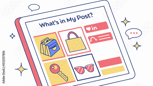 Illustration of a tablet displaying a social media post with various icons and design elements shown in squares