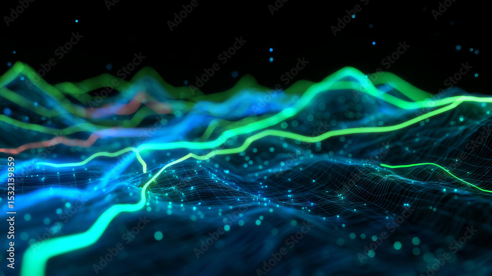 Fototapeta premium Colorful abstract 3D data visualization with glowing green and blue digital lines on a dark background. 