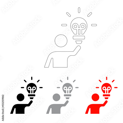 vector icon of a silhouette of a person lifting a light bulb, line icon, red and black light icon
