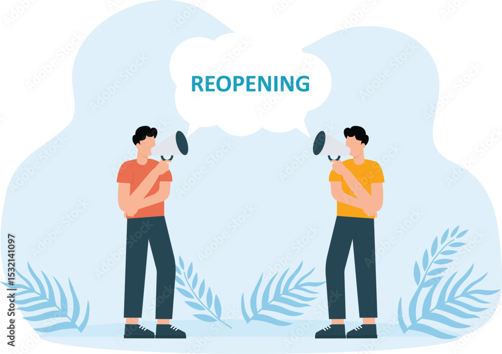 Fototapeta premium Animated cartoon design of business people shouting through a megaphone with reopening word on the cloud bubble after Covid-19 epidemic. Shot in 4k resolution concept