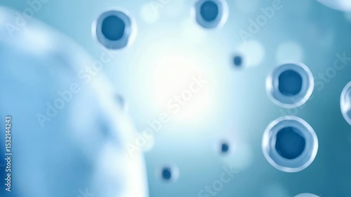 Microscopic view of floating cells, biological cell division, blue gradient background, scientific visualization, and medical research concept