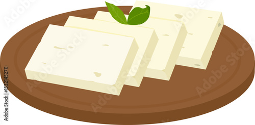 Feta cheese slices on a wooden cutting board. Pieces of white Greek cheese with green basil or oregano leaf. Dairy product appetizer dish from Greece. Vector illustration