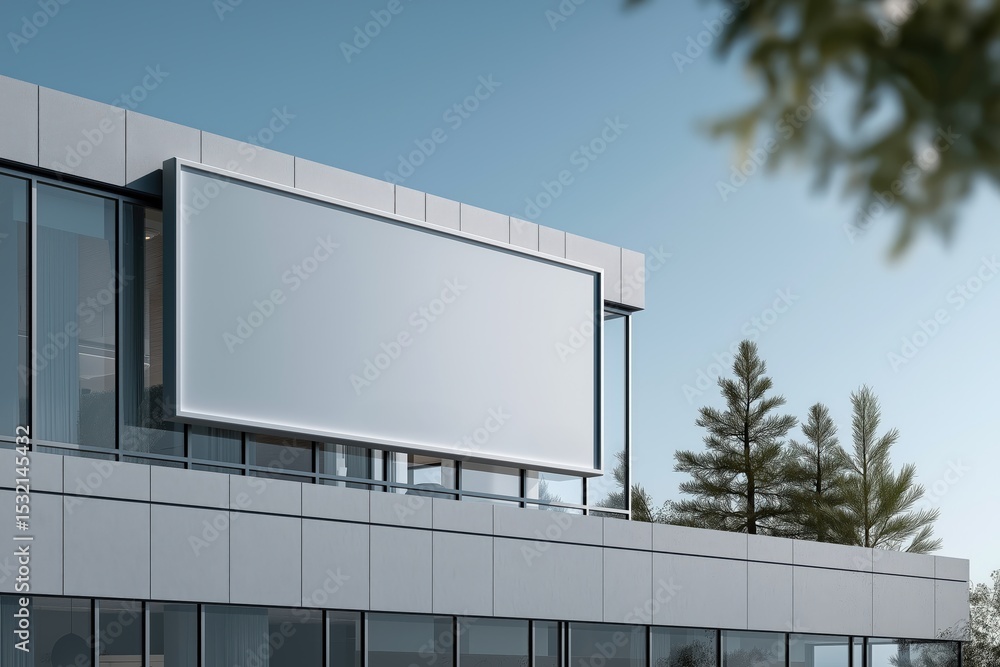 Empty Digital Billboard on Modern Building Exterior Against Clear Blue Sky Empty Digital Billboard on Modern Building Exterior Against Clear Blue Sky