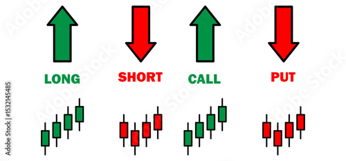 Icons for trading terms call ,put, buy, sell, short and long. includes green and red arrows symbols. Ideal for stock market, forex and crypto visuals. icons, vector, symbols.