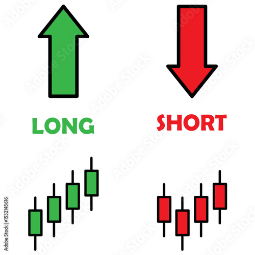 Icons for trading terms long and short. includes green and red arrows symbols. Ideal for stock market, forex and crypto visuals. icons, vector, symbols.