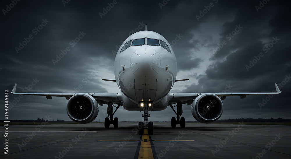 Obraz premium Powerful Airplane on Runway Facing Stormy Sky Aviation Photography